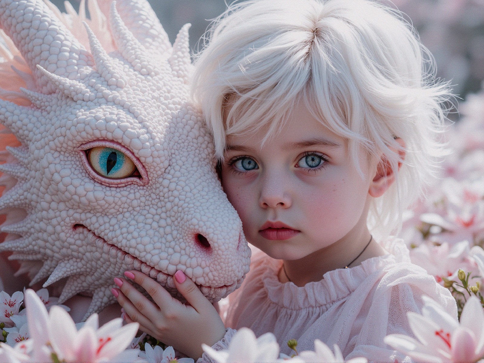 Child with Platinum Blonde Hair and White Dragon