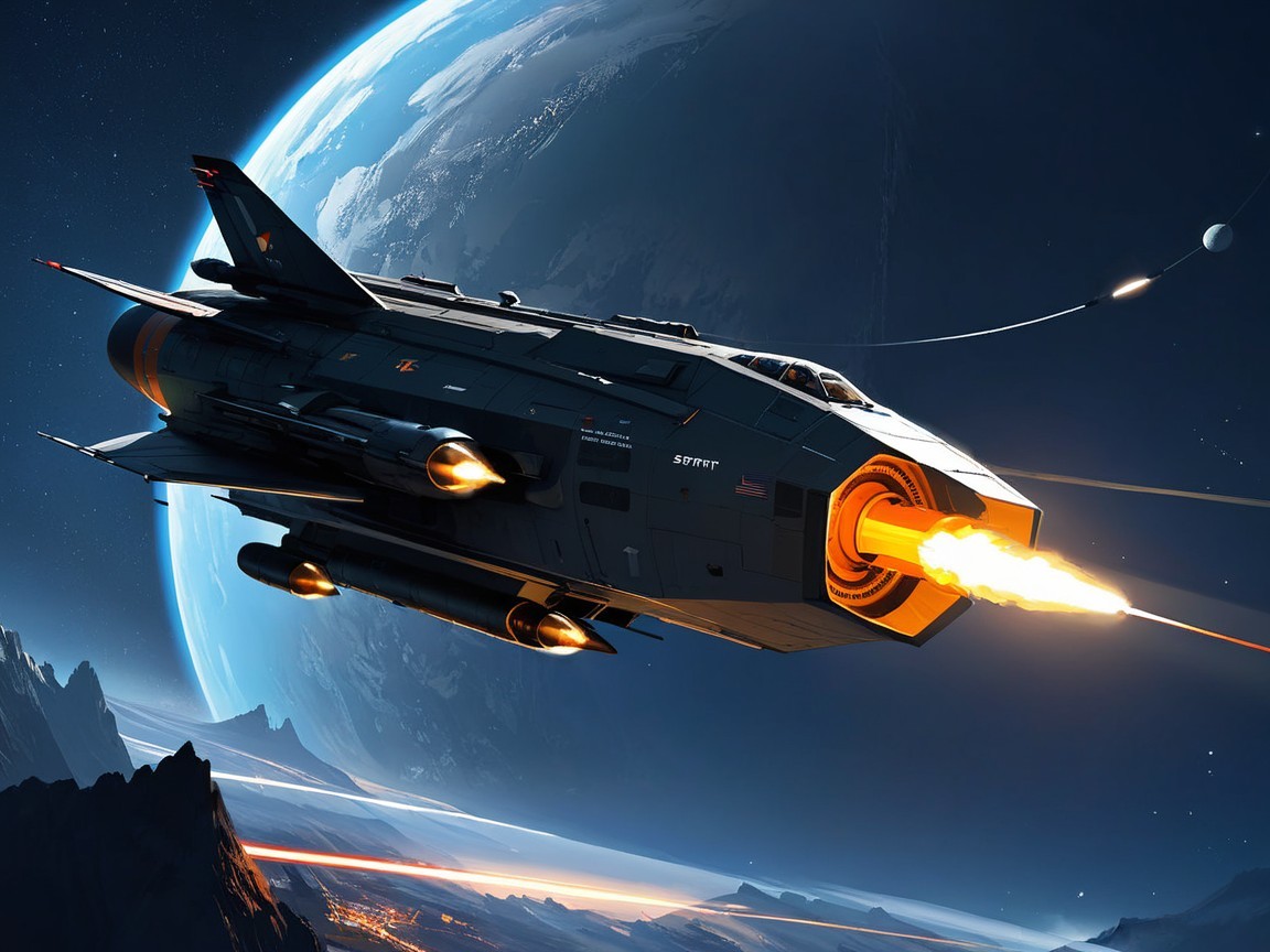Futuristic spacecraft in cosmic scene with vibrant planets