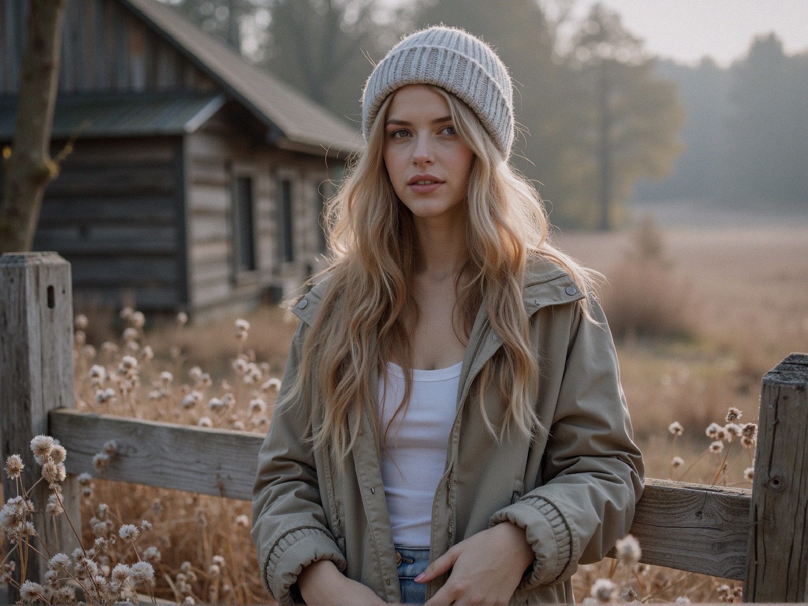 Young woman in serene outdoor setting with cabin
