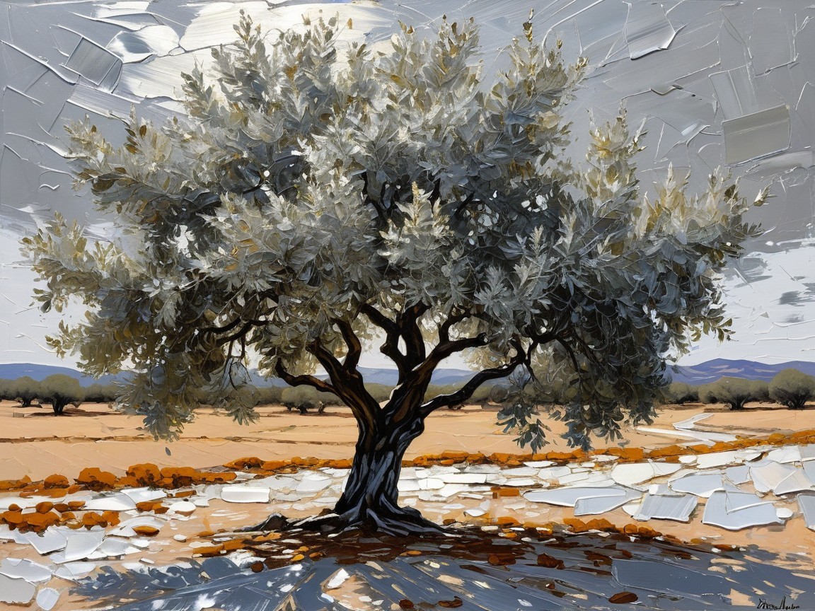 Solitary Olive Tree in Stark Landscape with Hills