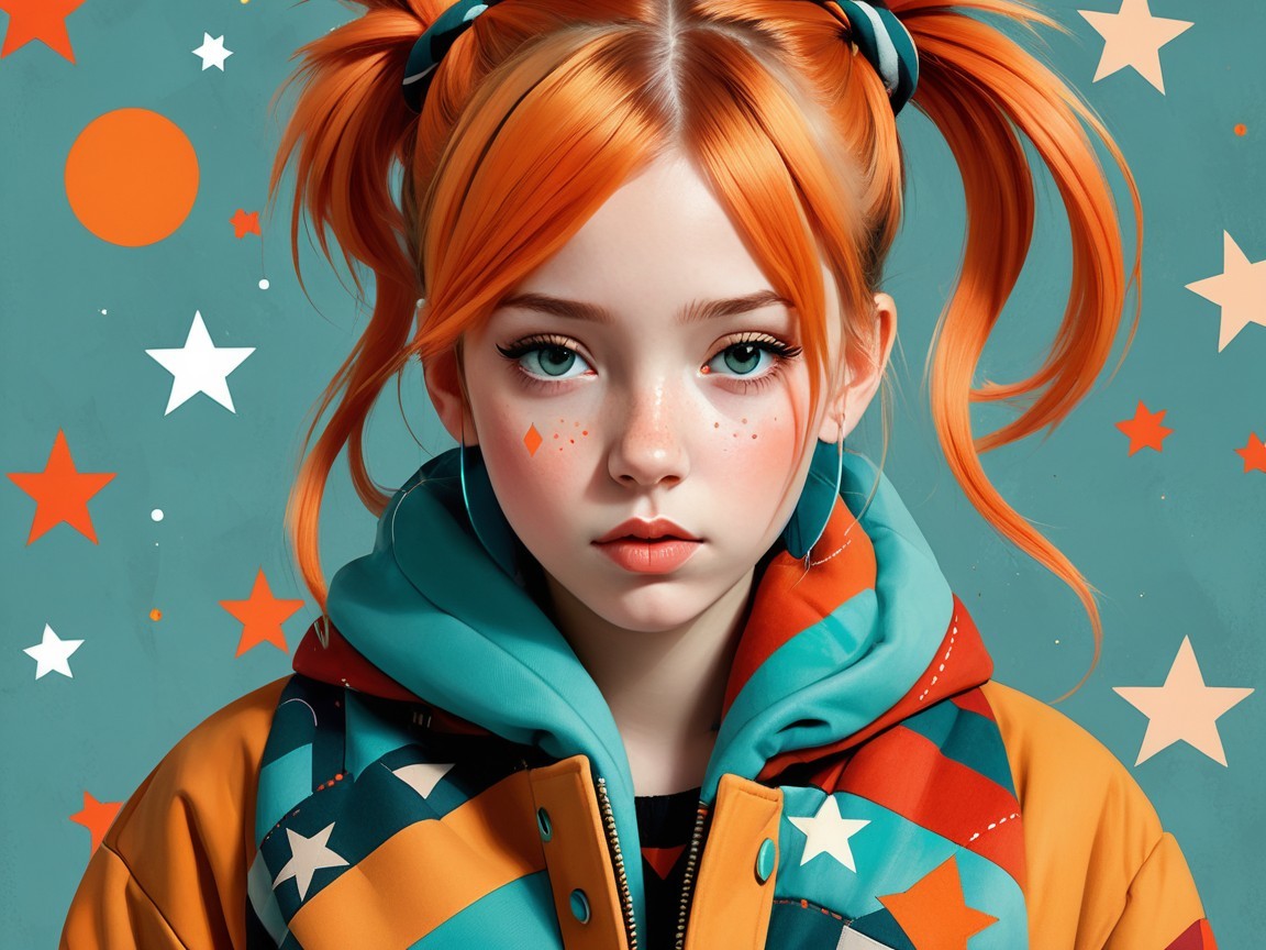 Young girl with orange hair and colorful background
