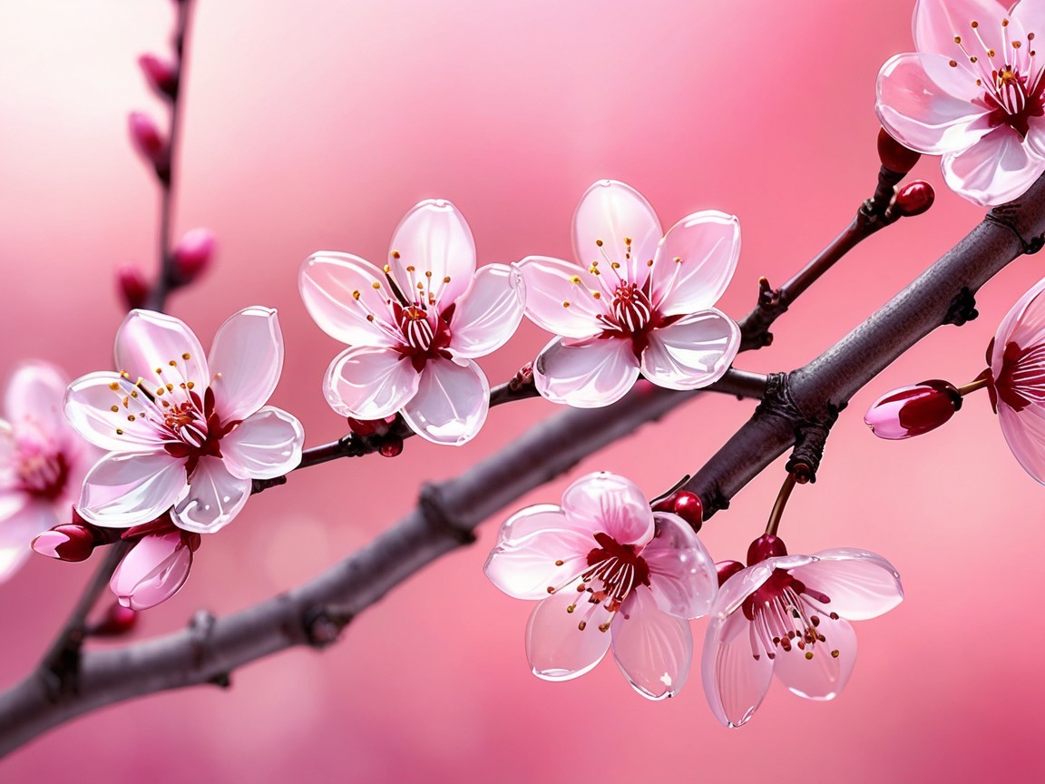 Cherry Blossom Flowers with Pink Petals and Water Droplets