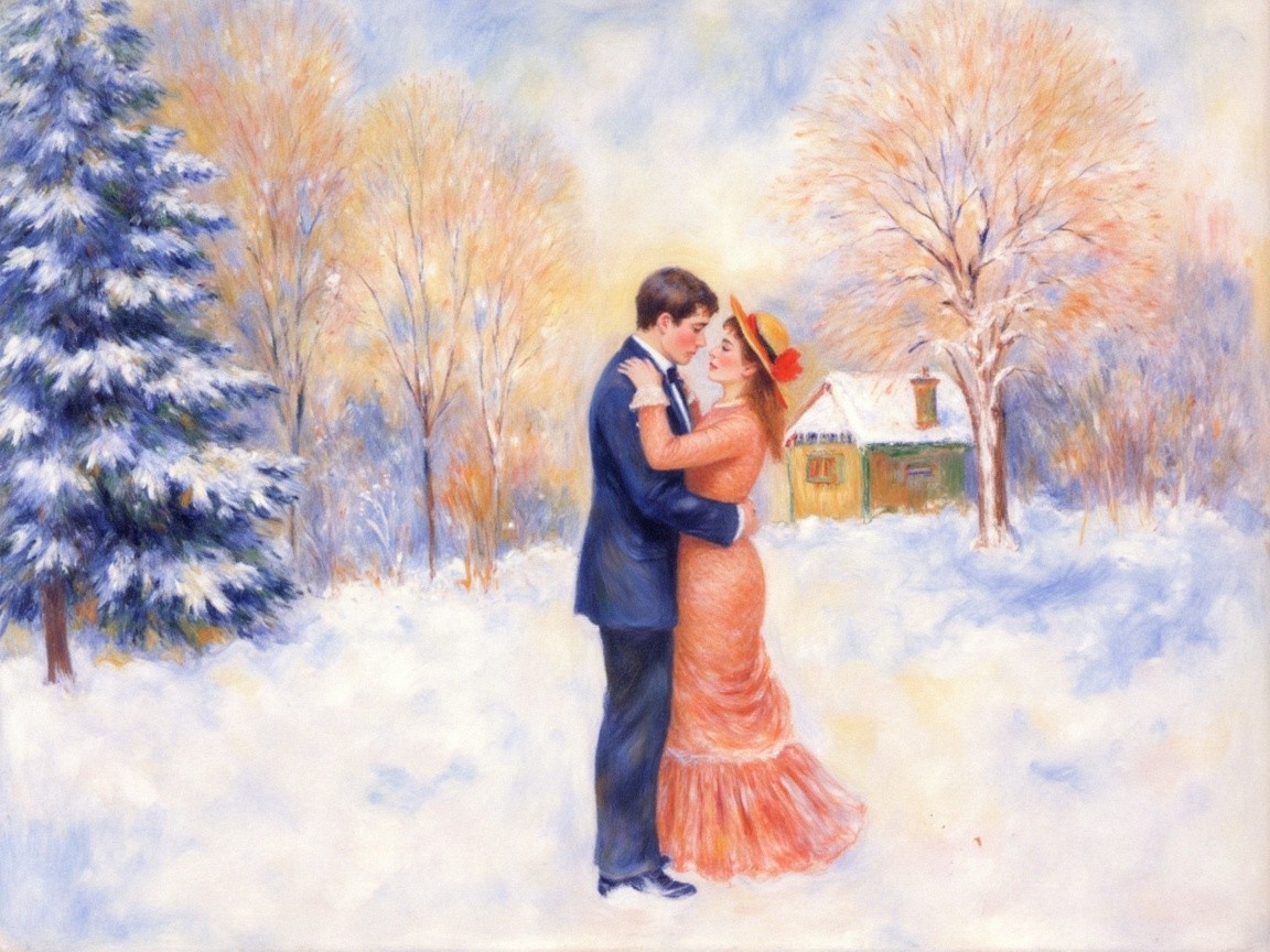 Romantic Winter Scene with Couple in Snowy Landscape