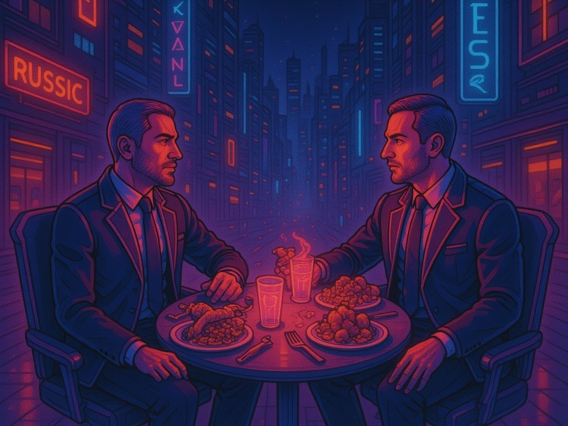 Neon-Lit Urban Scene with Two Men Dining Together