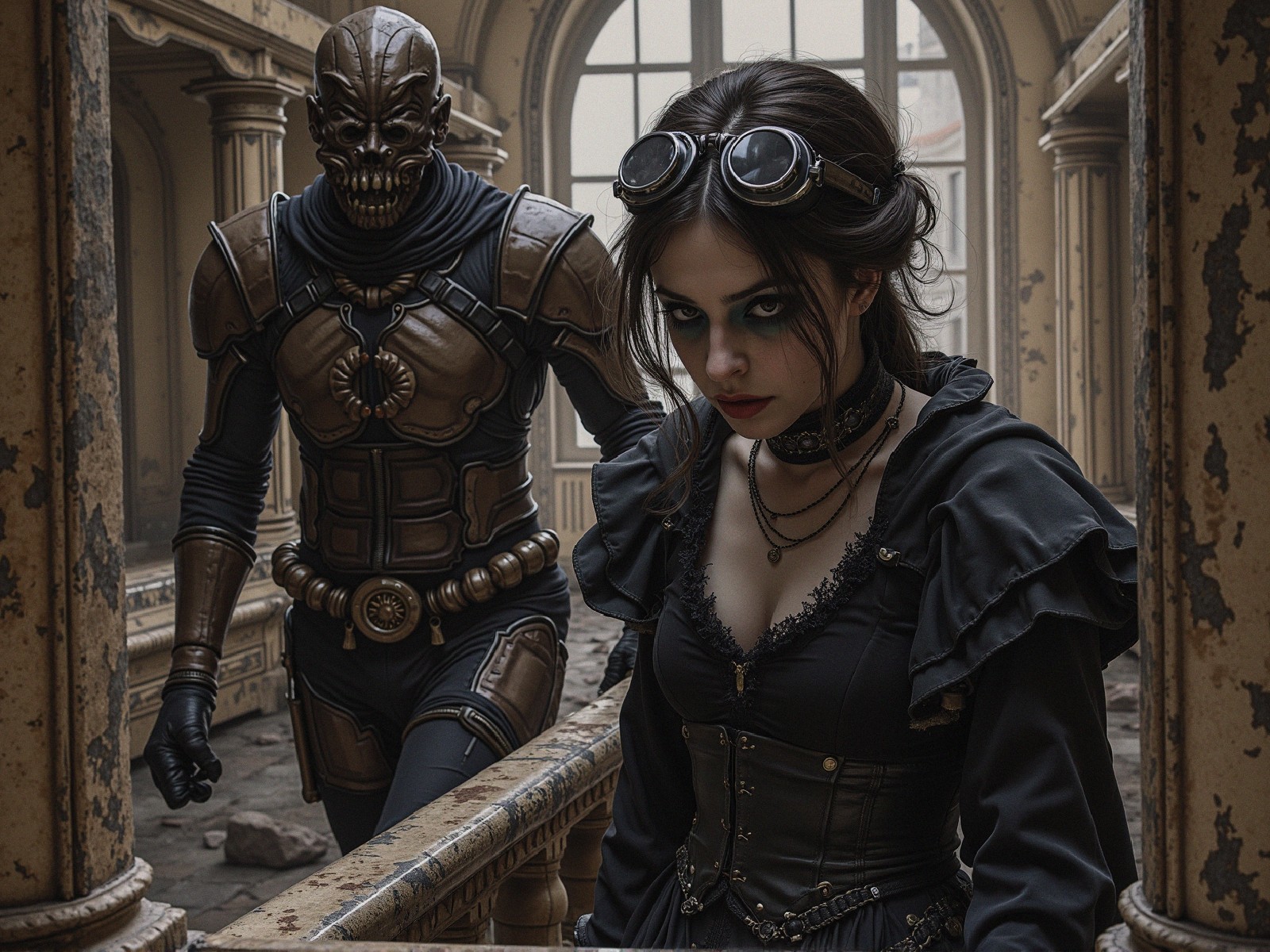 Gothic Scene with Mysterious Woman and Menacing Figure