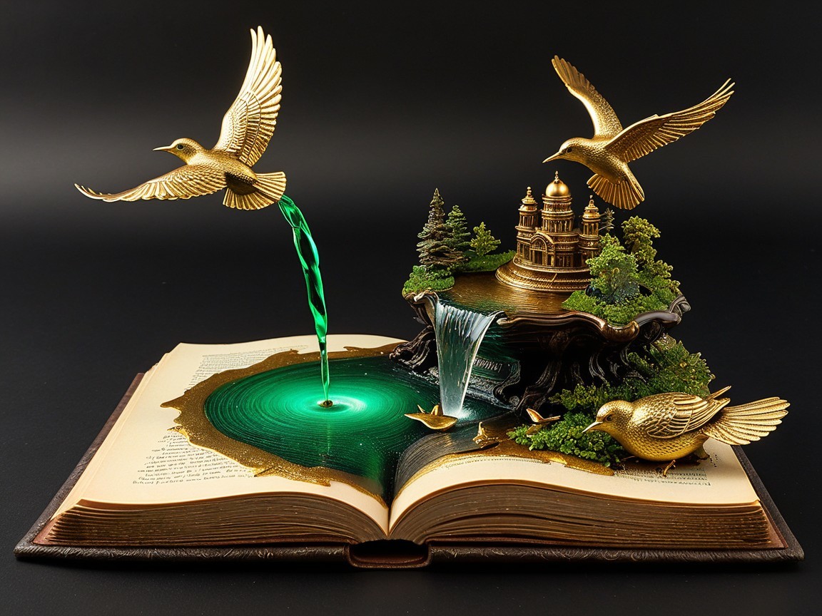 Intricate Open Book with Vibrant Nature Scene