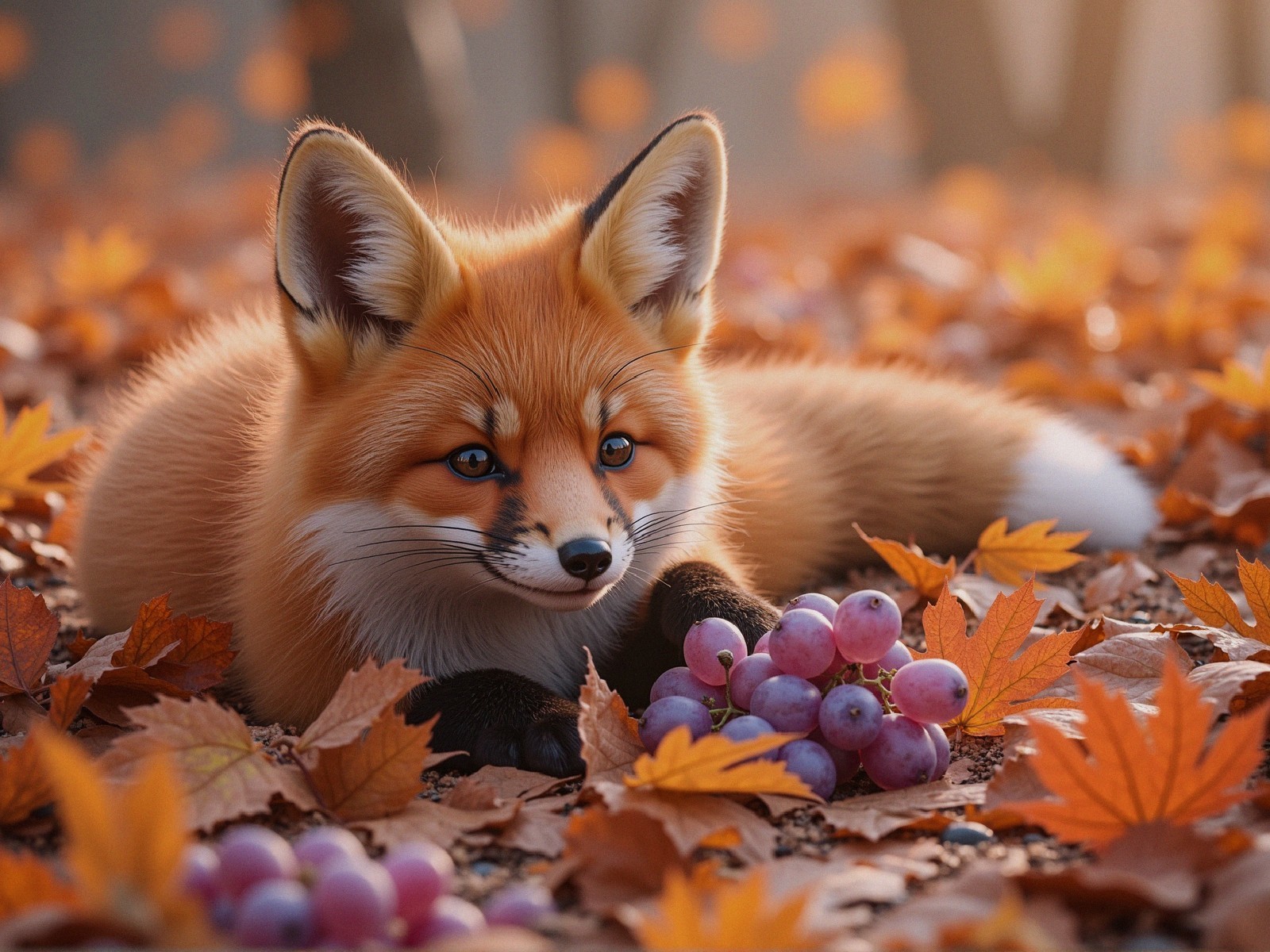 Charming fox among autumn leaves and grapes