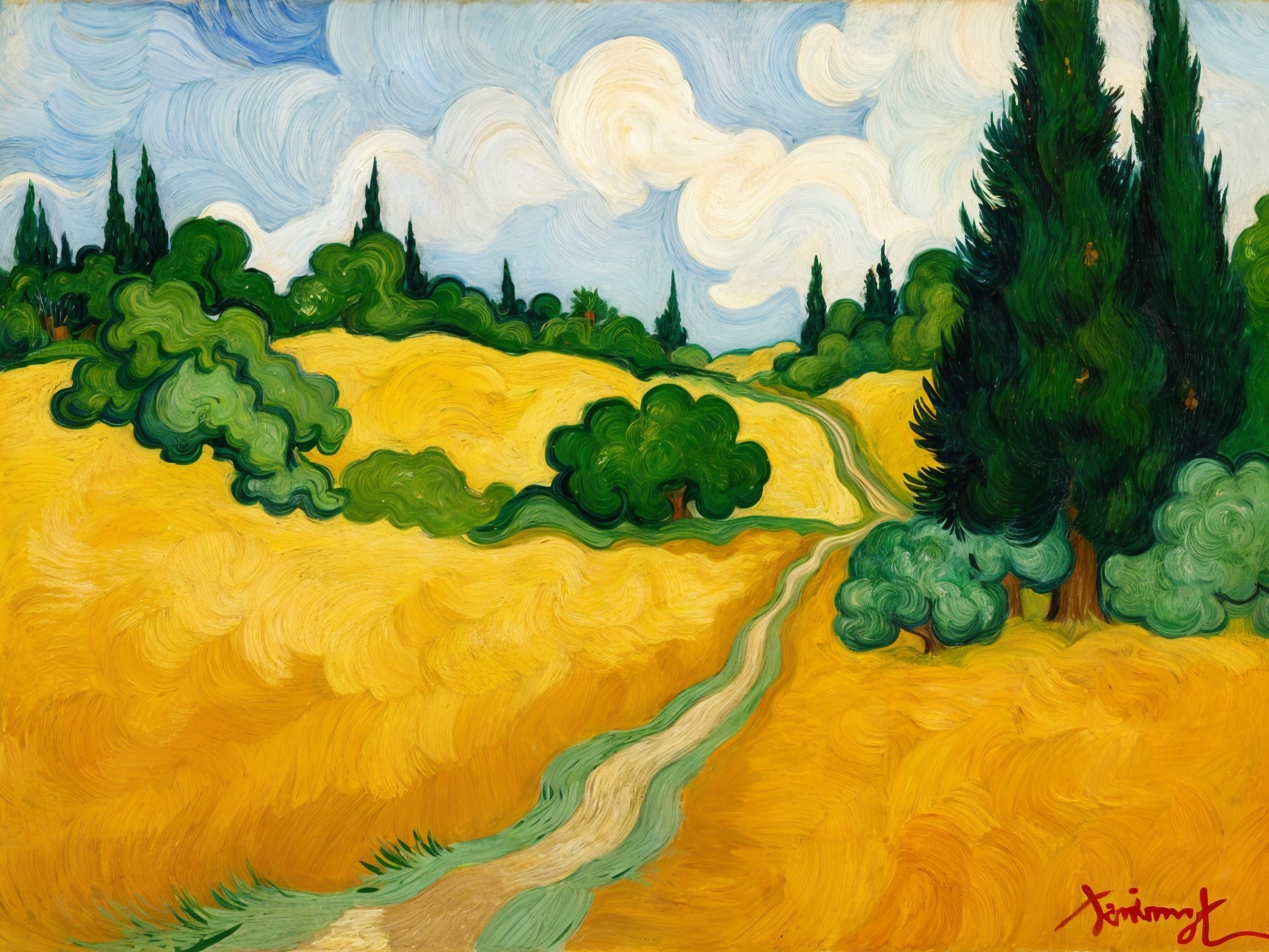 Vibrant Landscape with Golden Fields and Blue Sky