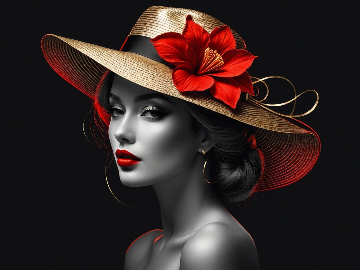 Monochrome Portrait of Elegant Woman with Hat and Flower