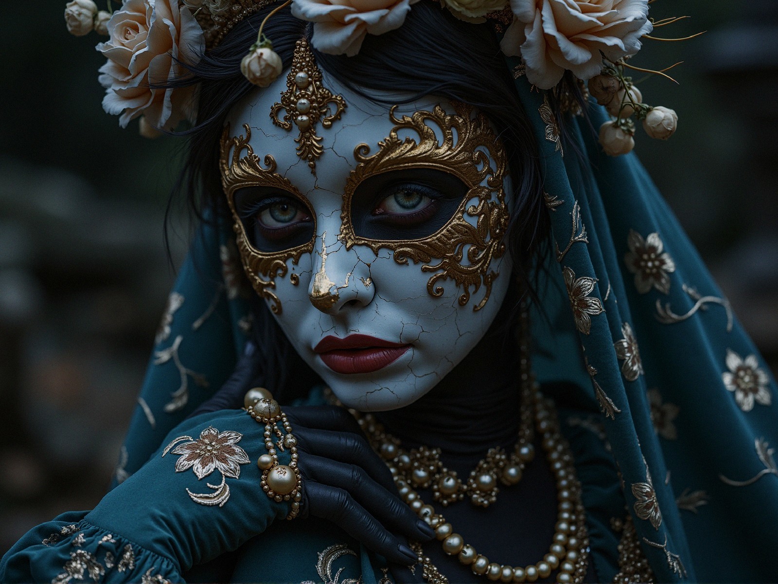 Mysterious Figure in Ornate Mask and Teal Gown