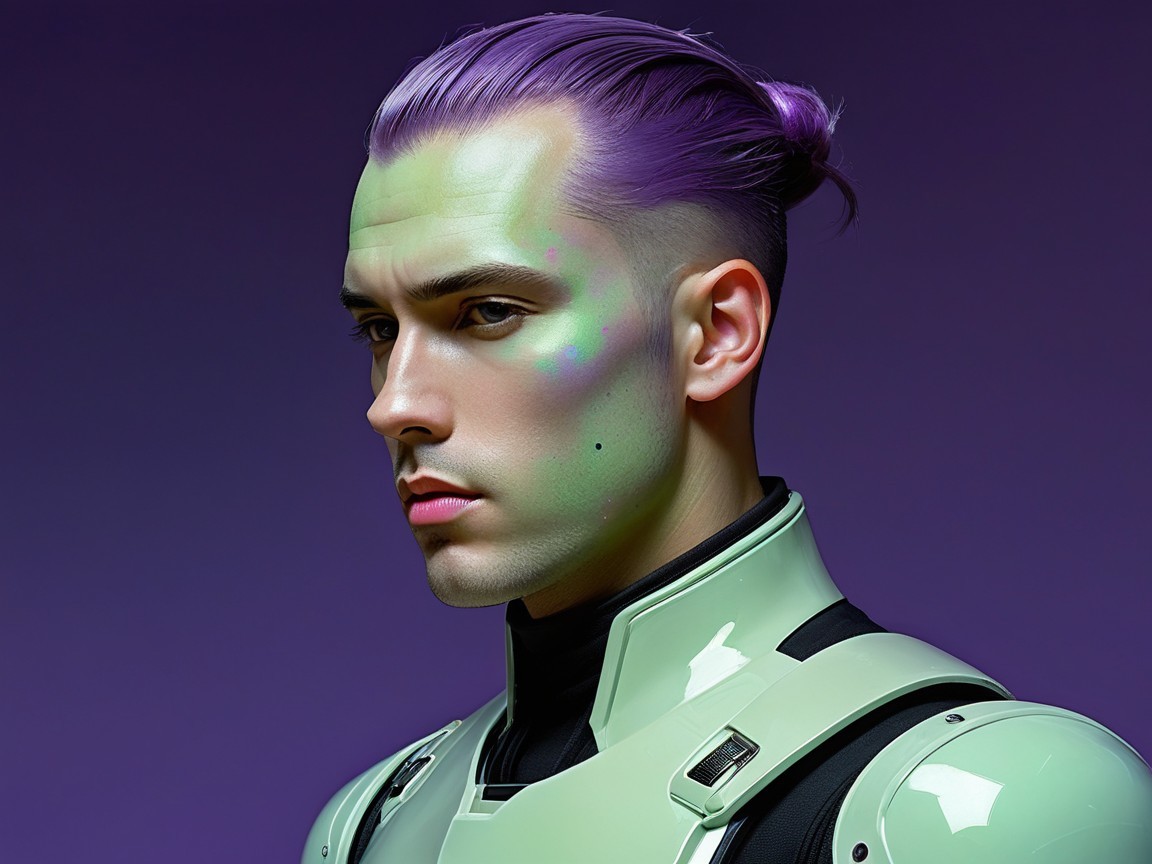 Futuristic Figure with Lavender Hair and Mint Outfit