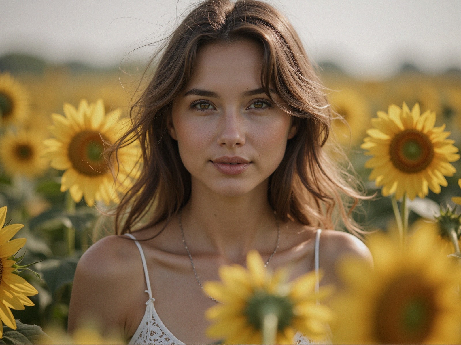 Young Woman in a Sunflower Field with Soft Sunlight