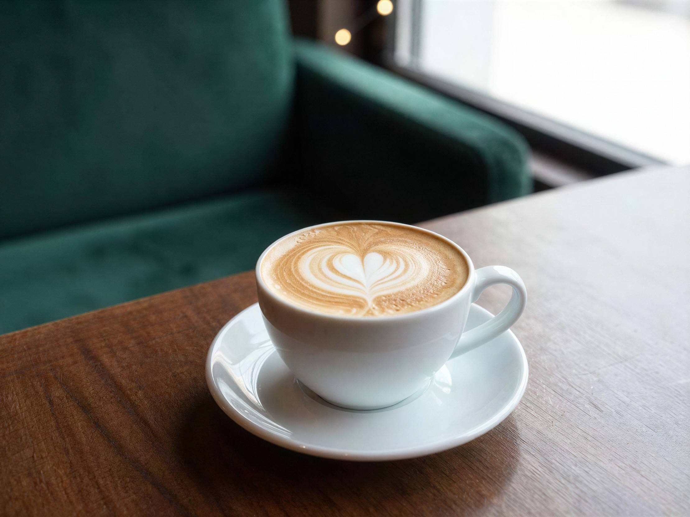 White Ceramic Cup with Heart Latte Art on Table