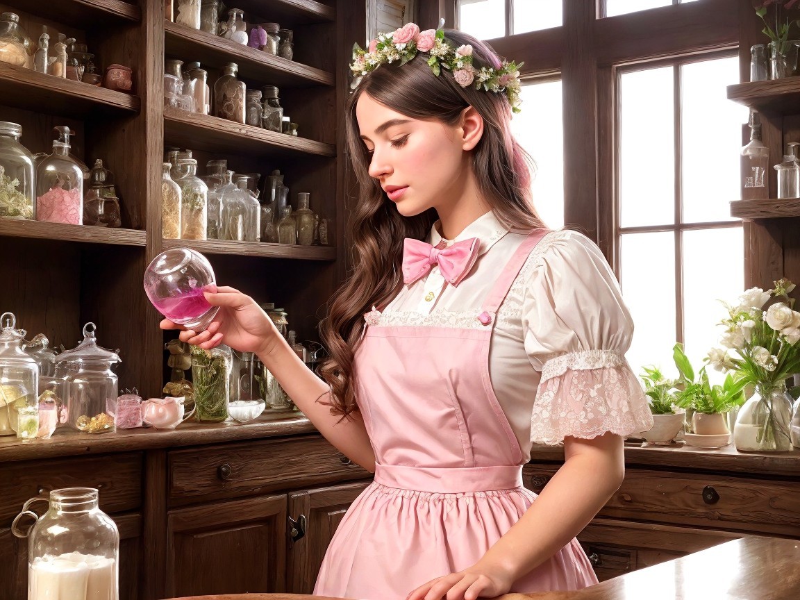 Young woman in vintage apothecary with potion vial