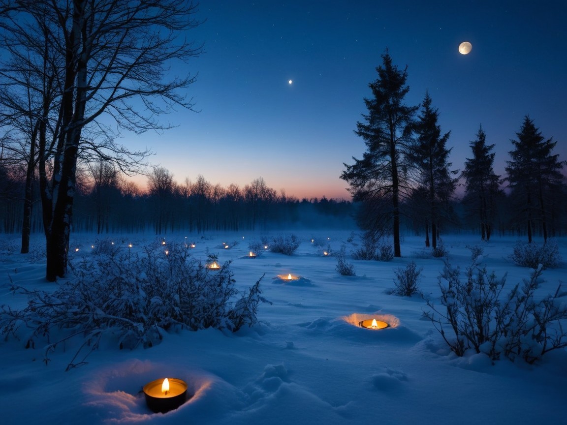 Full Moon Over Snowy Forest with Candles at Twilight