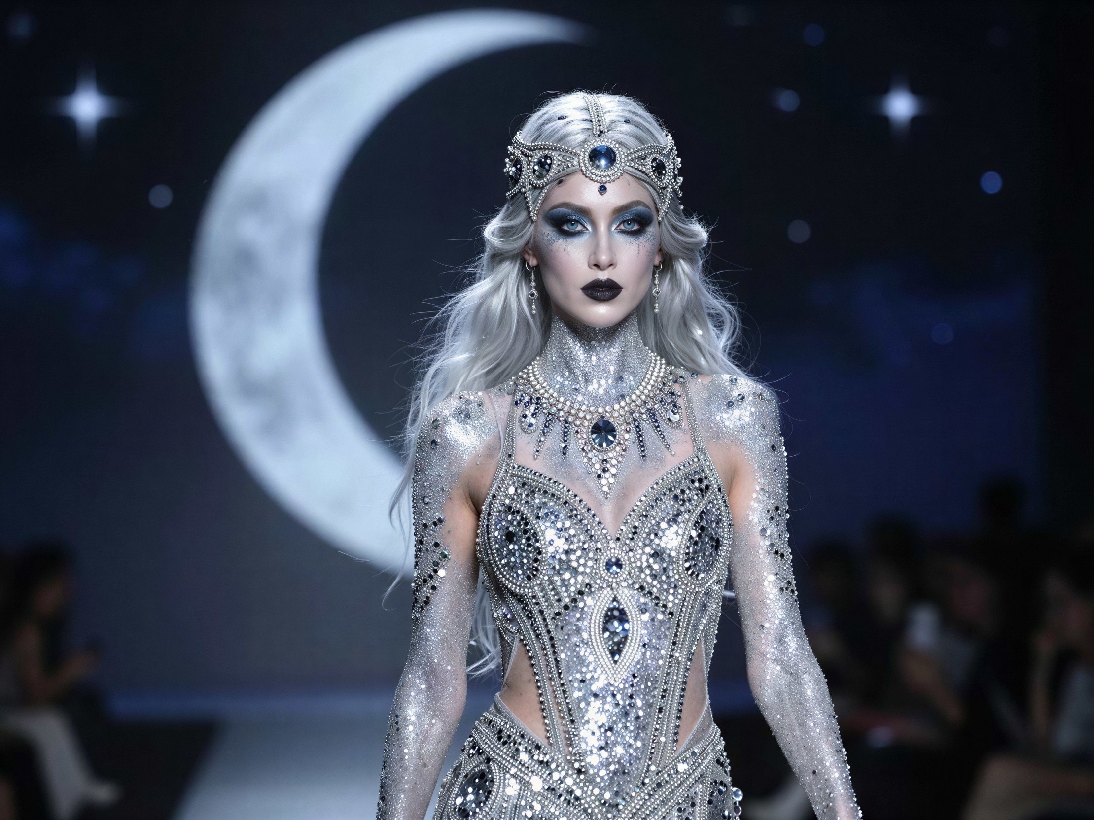 Fashion Model in Silver and Blue Gown on Runway