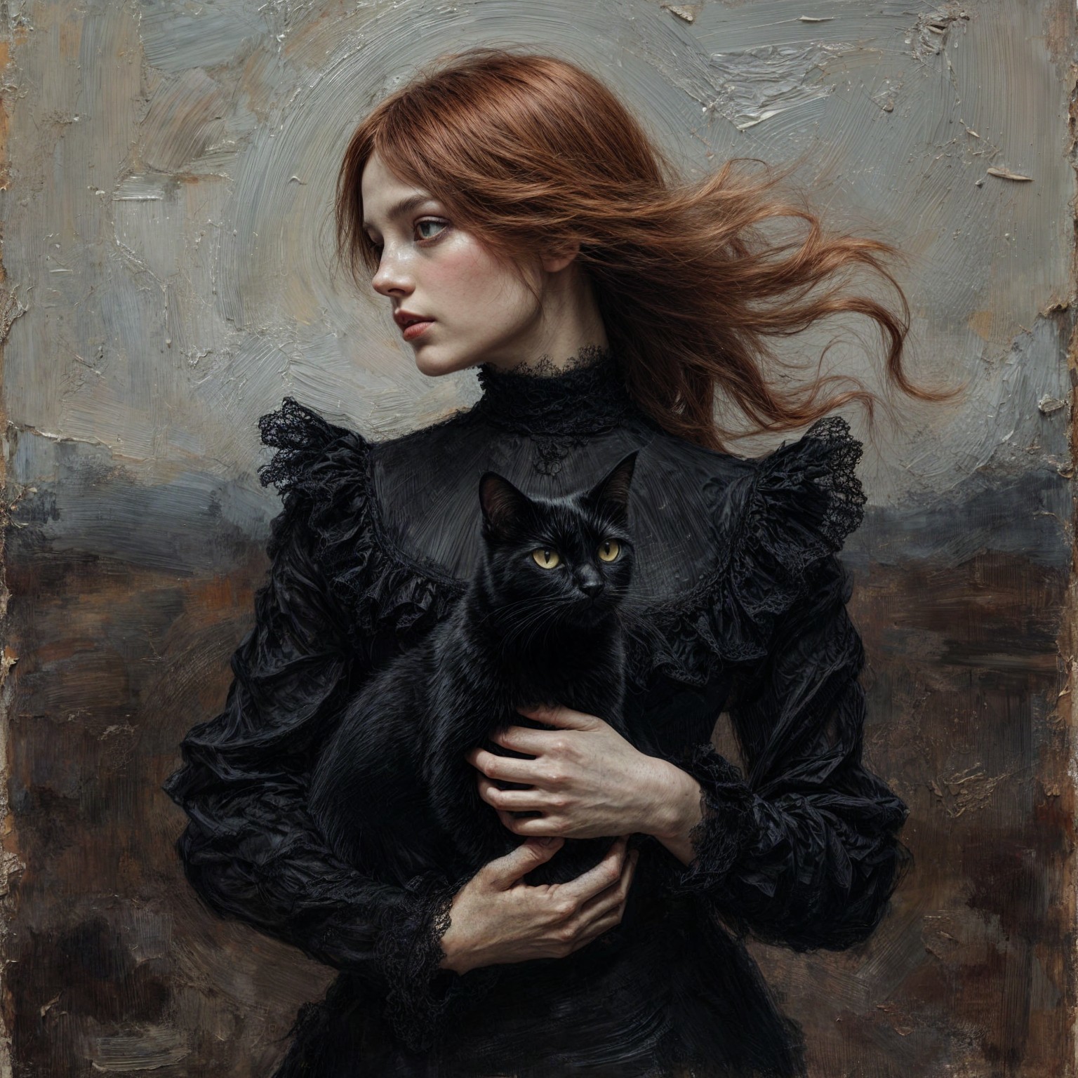 Portrait of a Young Woman with a Black Cat