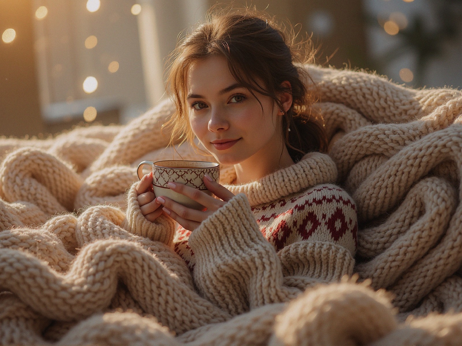 Young woman in cozy sweater with tea in warm setting