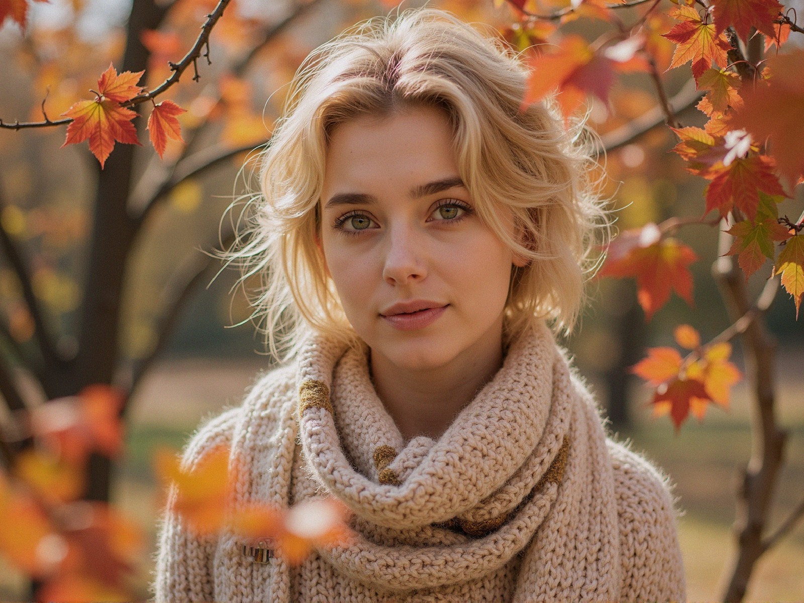 Young Woman in Autumn Leaves with Cozy Sweater