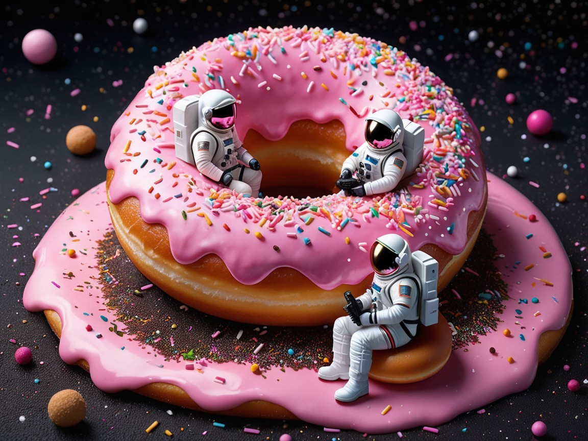 Oversized Pink Donut with Astronauts in Space Scene