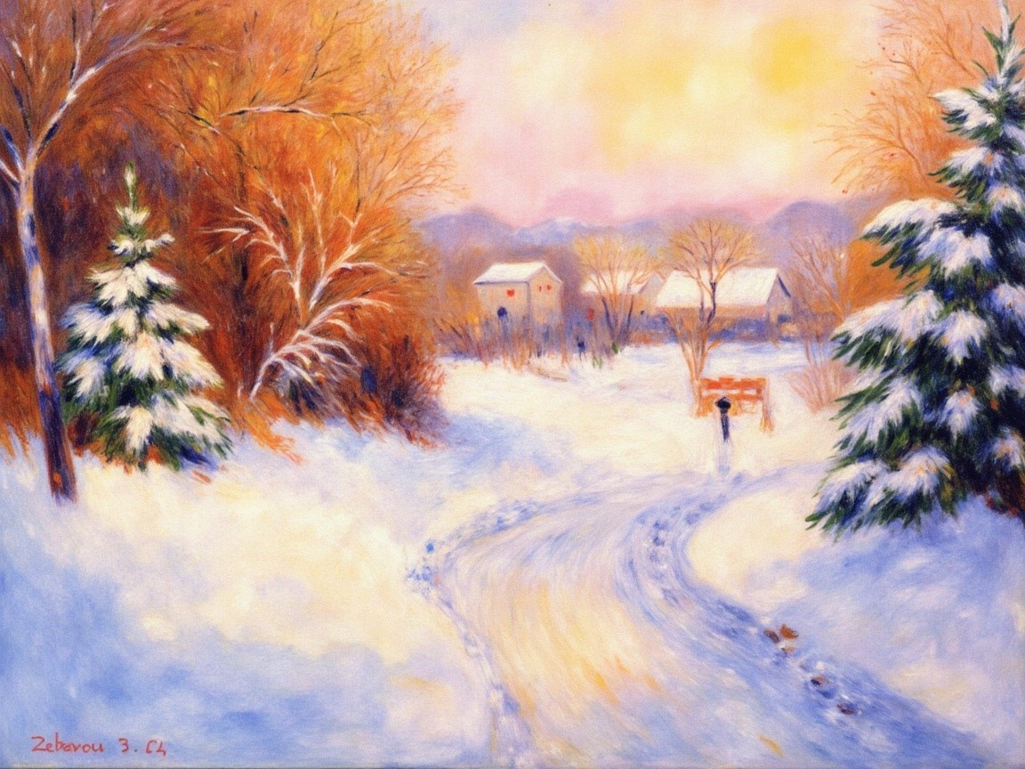 Winter Landscape with Snowy Path and Frosted Trees