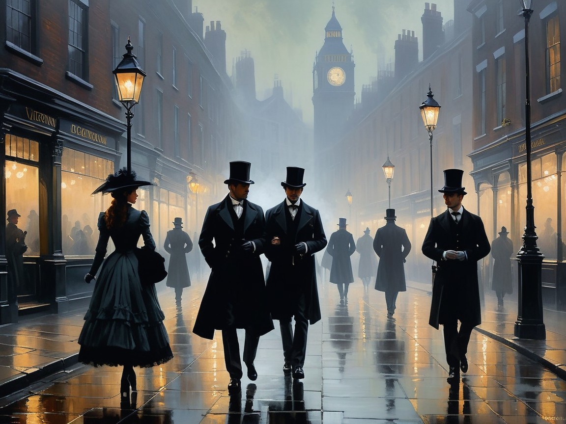 Misty Street Scene with Elegant Figures and Gas Lamps