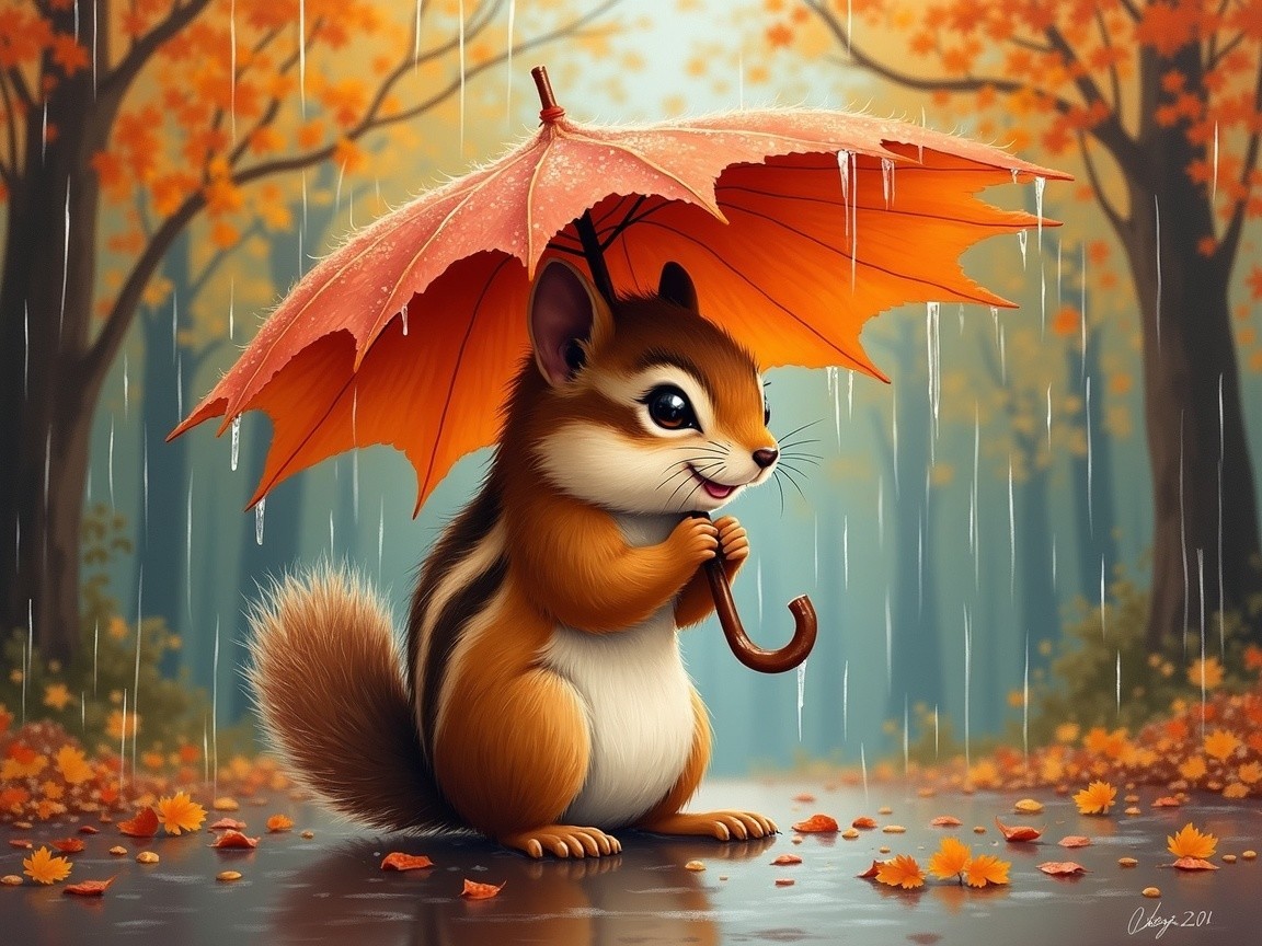 Chipmunk Under Orange Umbrella in Autumn Forest