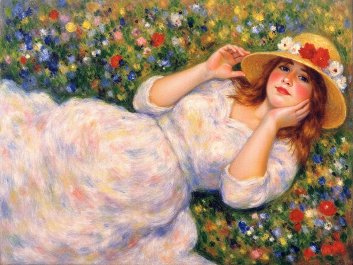 Young Woman in Flower Field with Straw Hat