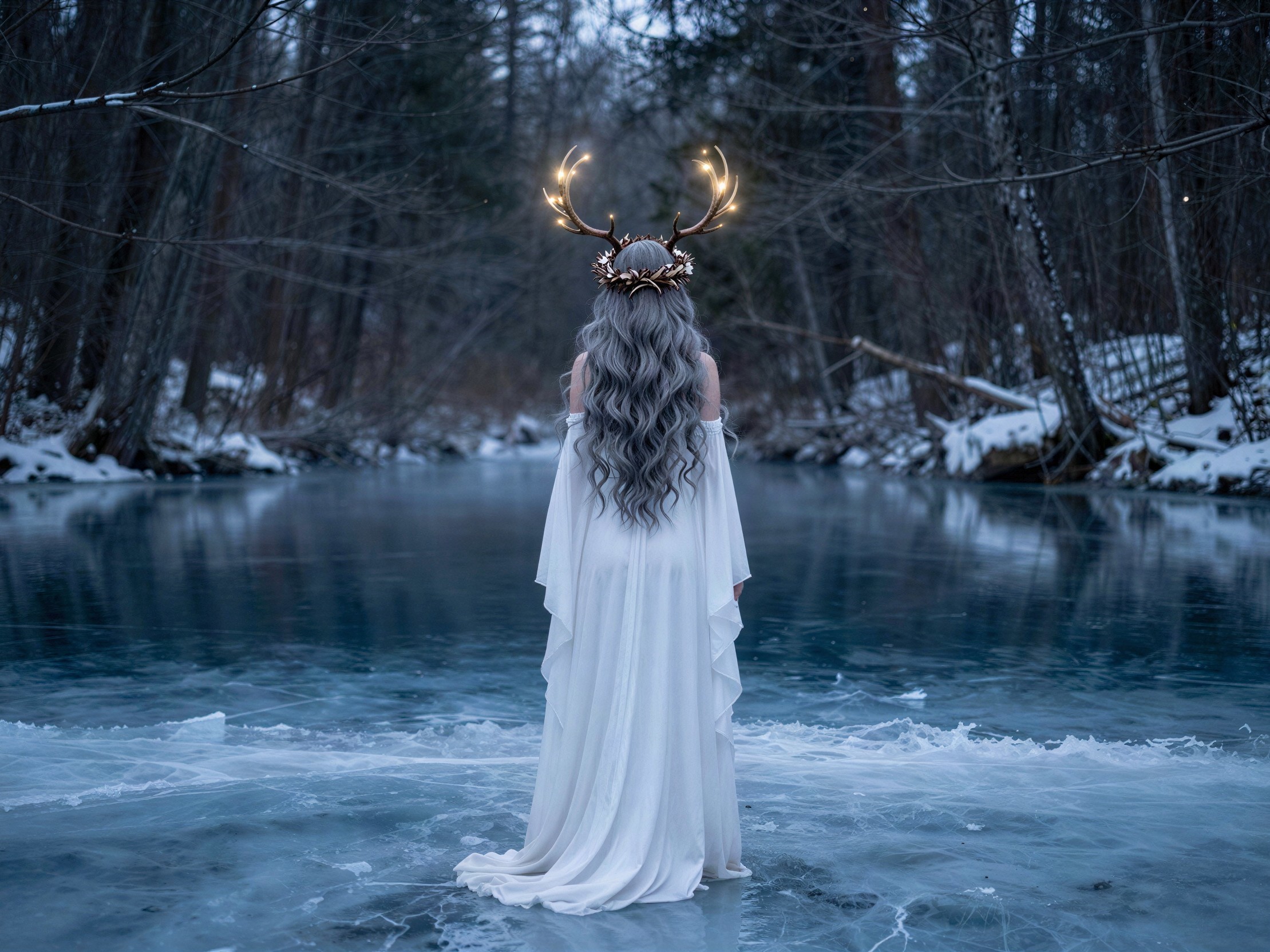 Woman with Gray Hair in Antler Headpiece by Frozen Lake