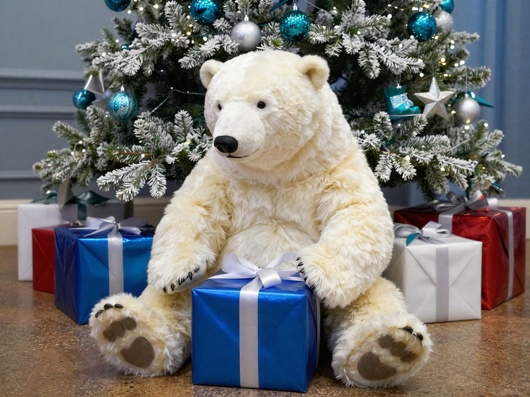 Fluffy Polar Bear Plush Toy with Christmas Decor
