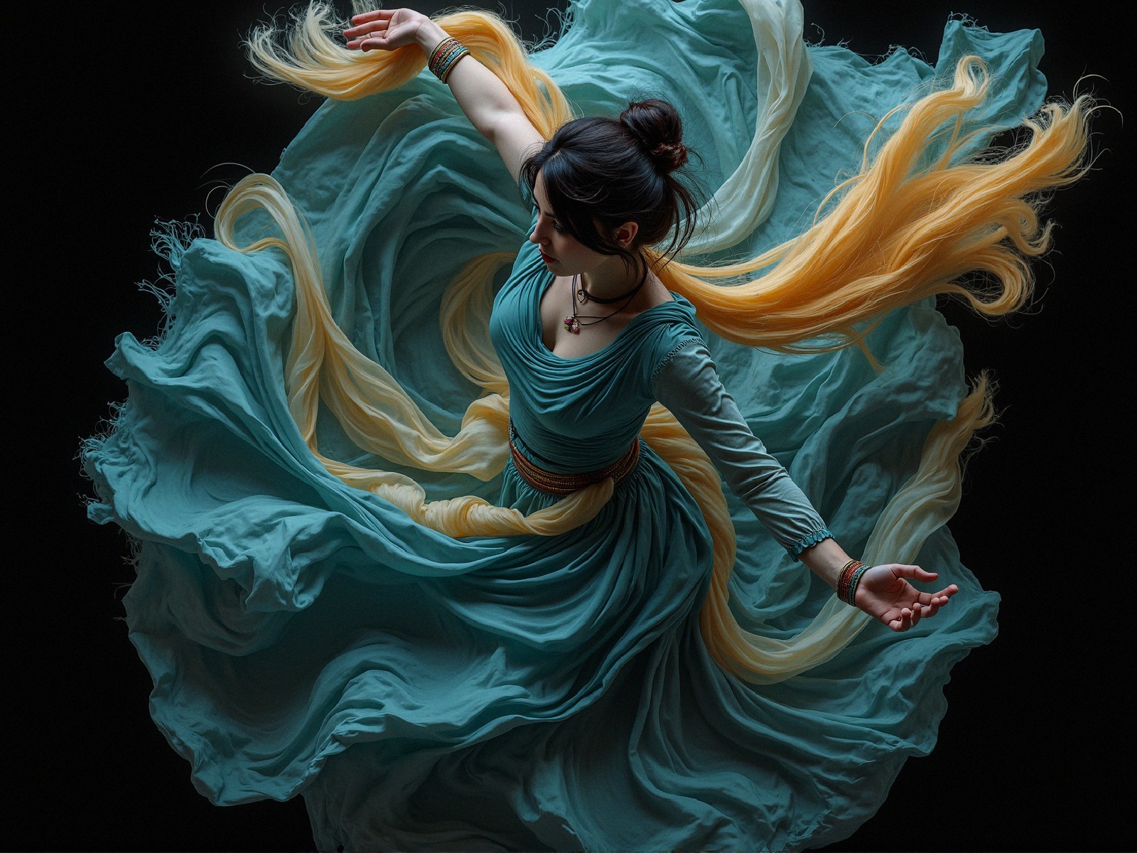 Dancer in Turquoise Dress Against Dark Backdrop