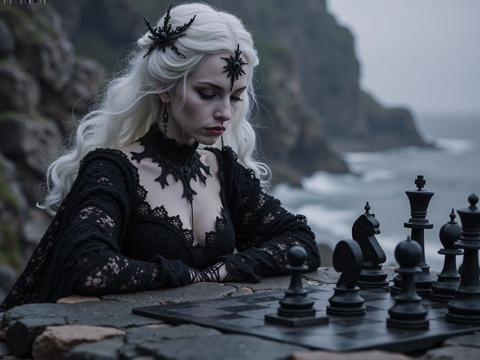 Serene Ocean Scene with Woman at Chess Table