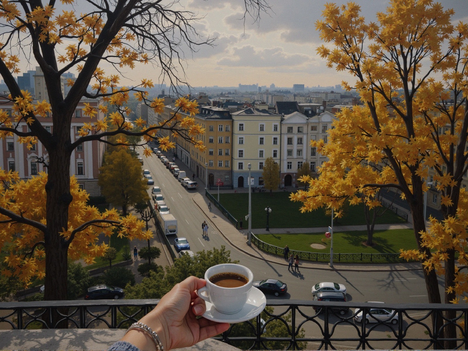Coffee Cup Surrounded by Autumn Leaves and Cityscape