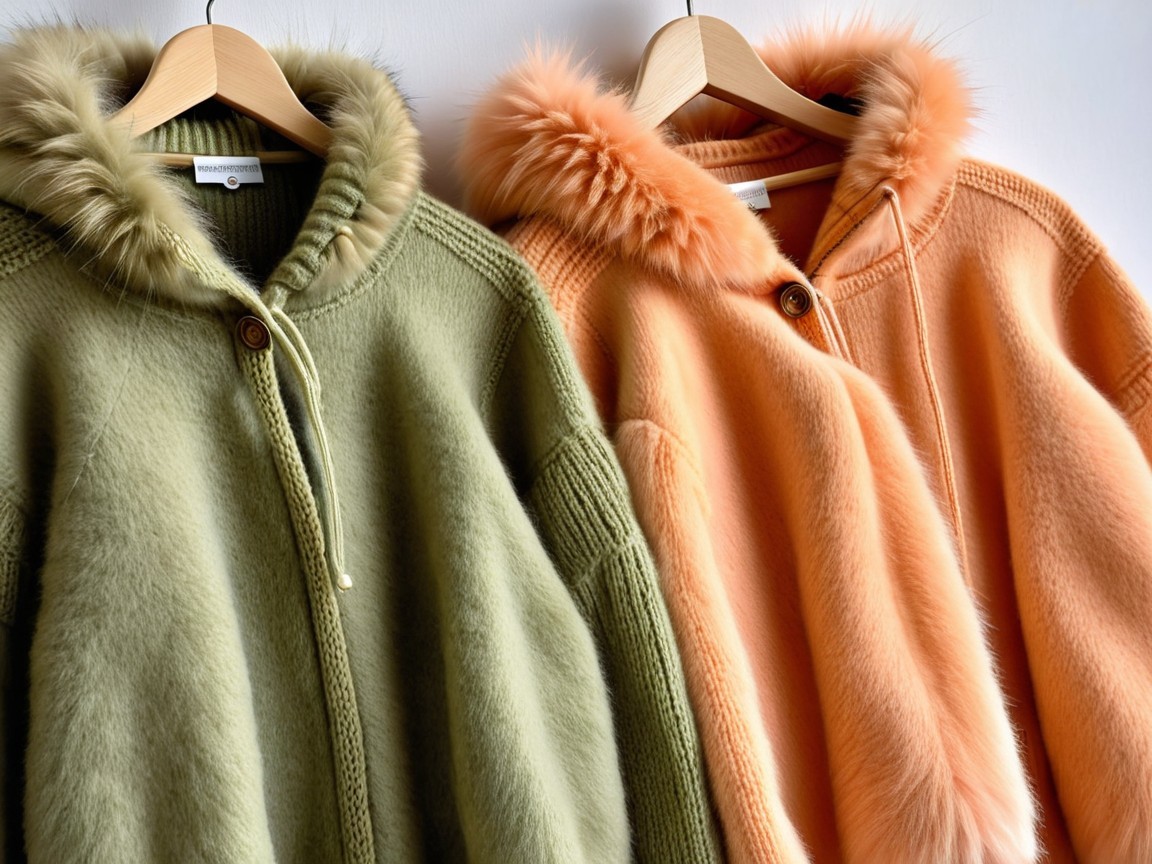 Stylish Olive Green and Peach Coats on Hangers