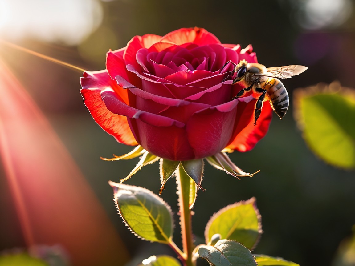 Close-Up of Honey Bee on Deep Red Rose Petals