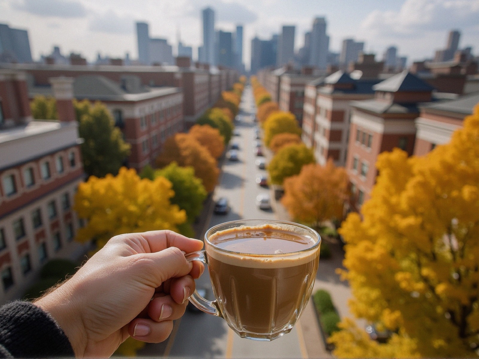 Coffee in Glass Cup with Autumn Cityscape Background