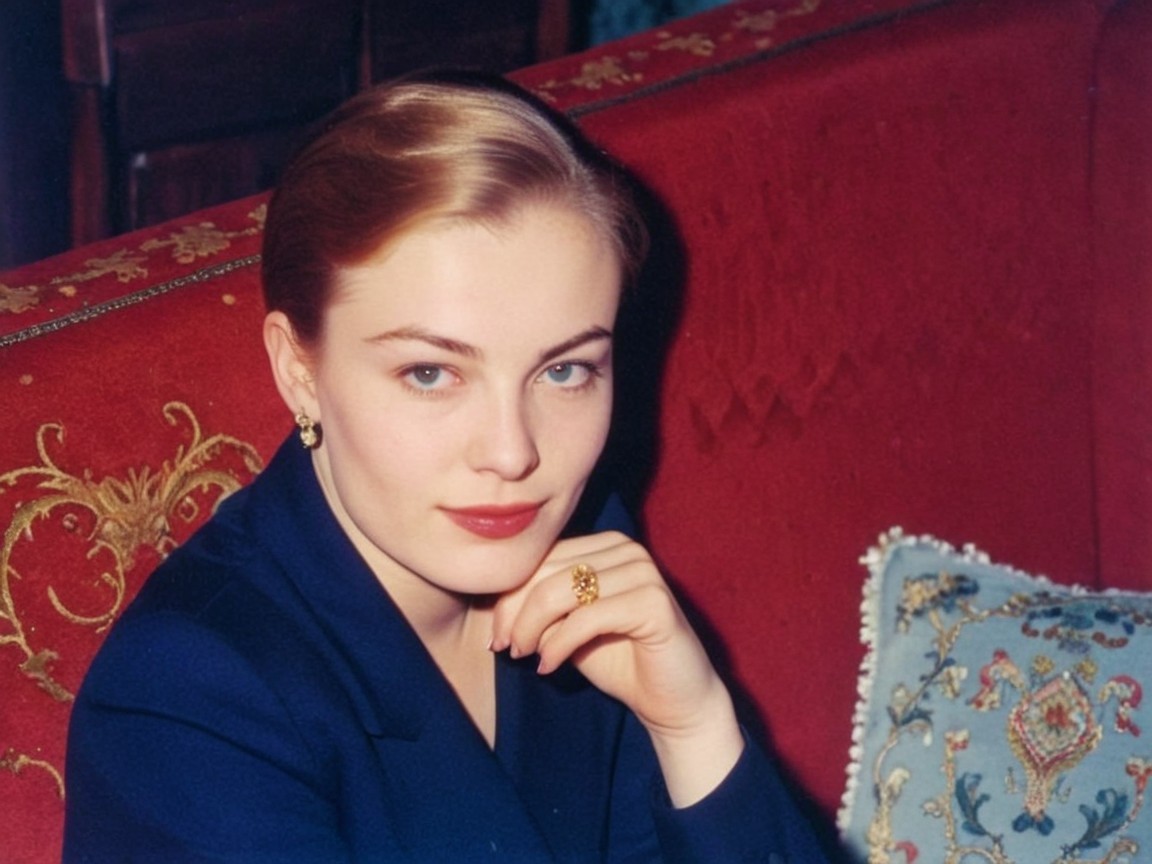 Elegant Woman on Red Sofa with Intricate Background