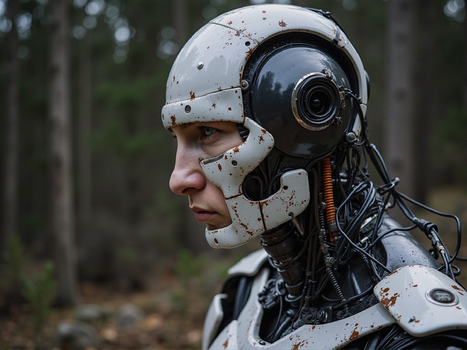 Humanoid Robot in a Forest with Weathered Design
