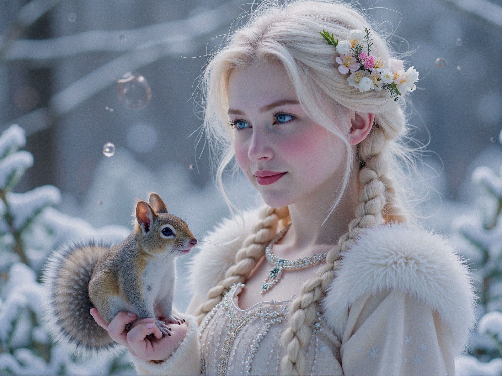 Young woman in snowy forest with flowers and squirrel