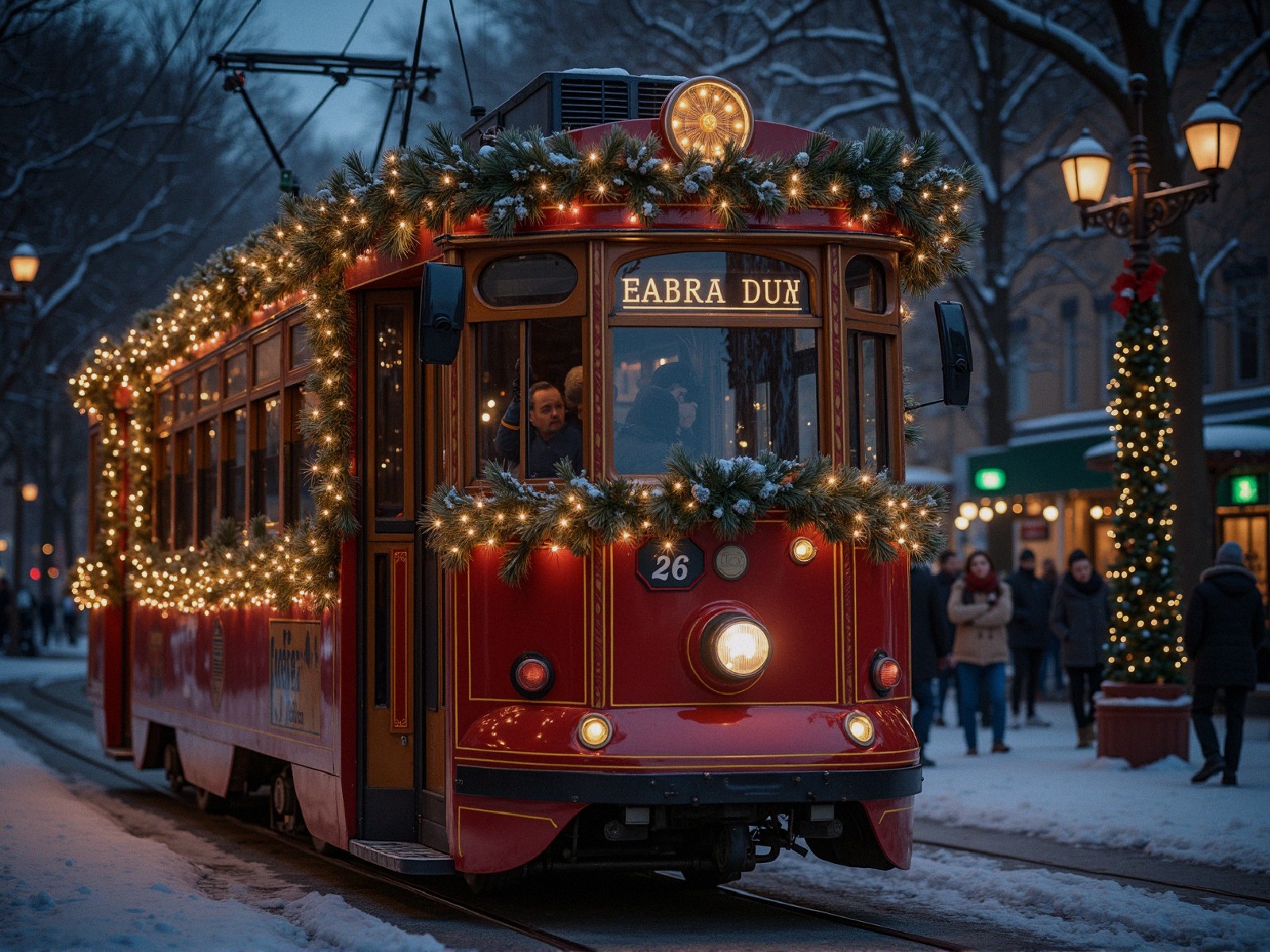 Festive Red Tram Decorated for Winter Evening Scene