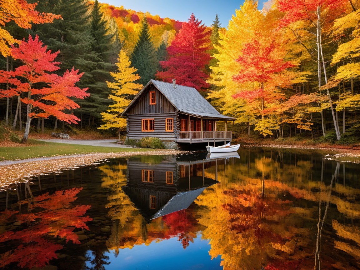 Serene cabin by tranquil pond in autumn foliage