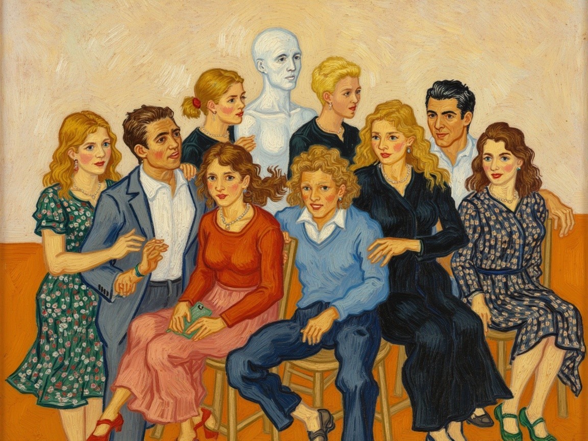 Colorful Painting of Diverse Group with Faceless Sculpture