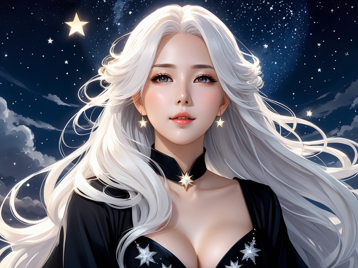 Ethereal Woman in Starry Night with Celestial Outfit