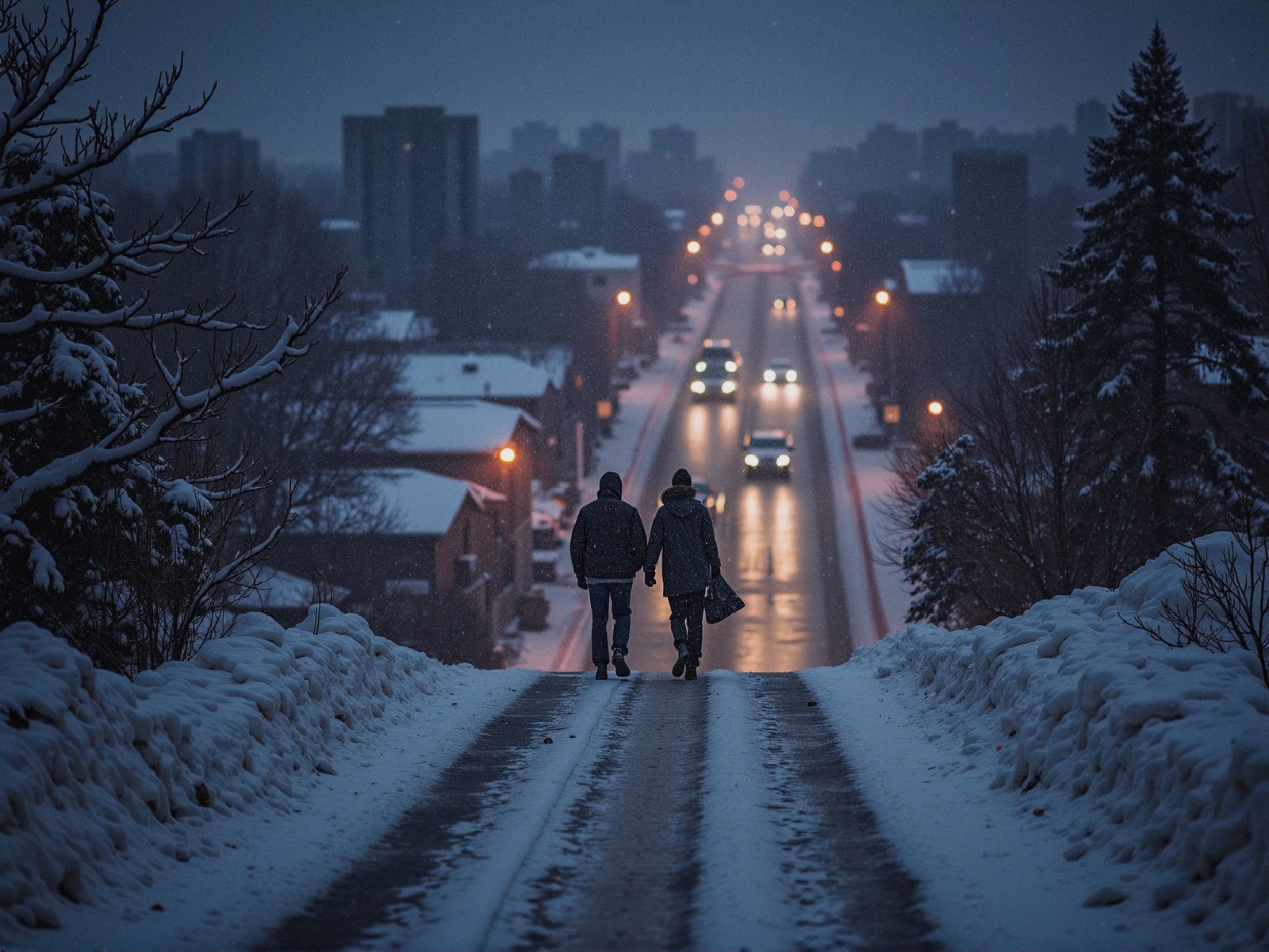 Snowy Evening Stroll on a Quiet Road with Streetlights