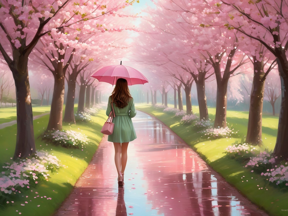 Cherry Blossom Pathway with Woman and Pink Umbrella