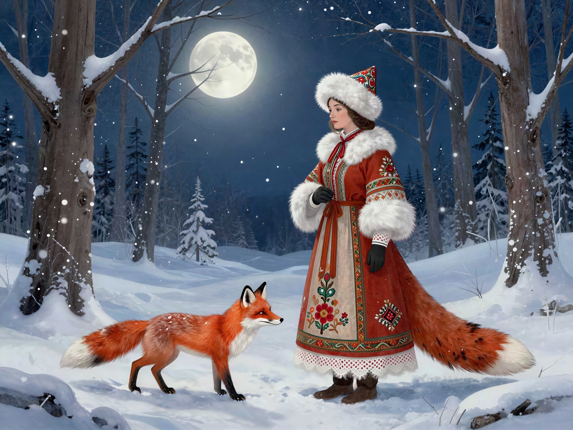 Woman in Traditional Russian Dress in Snowy Forest
