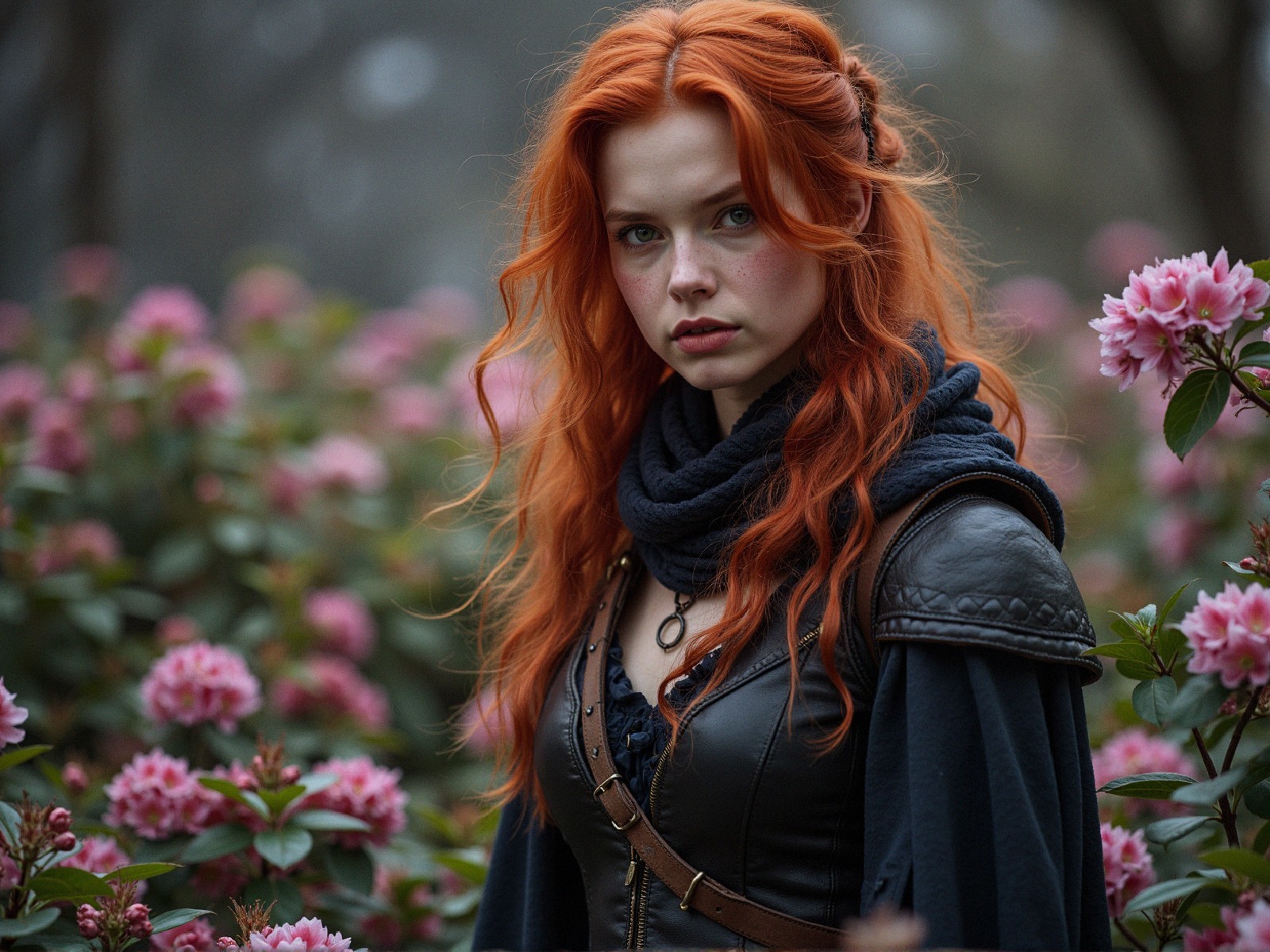 Young Woman with Red Hair in Blooming Garden