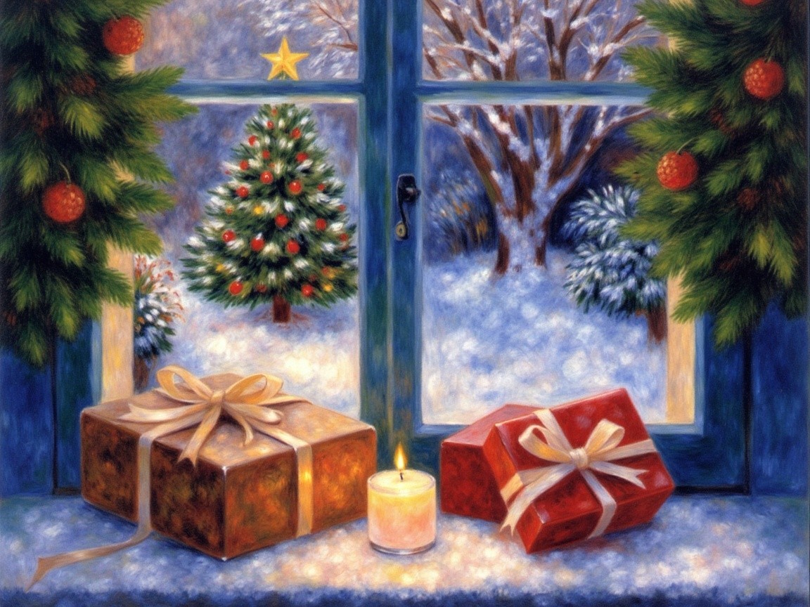 Cozy Winter Scene with Festive Decorations and Gifts