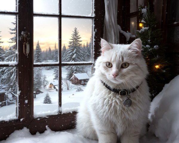 Fluffy White Cat Observing Winter Landscape by Window