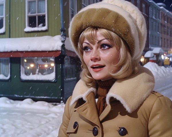 Chic Woman in Beige Coat on Snowy Street Scene